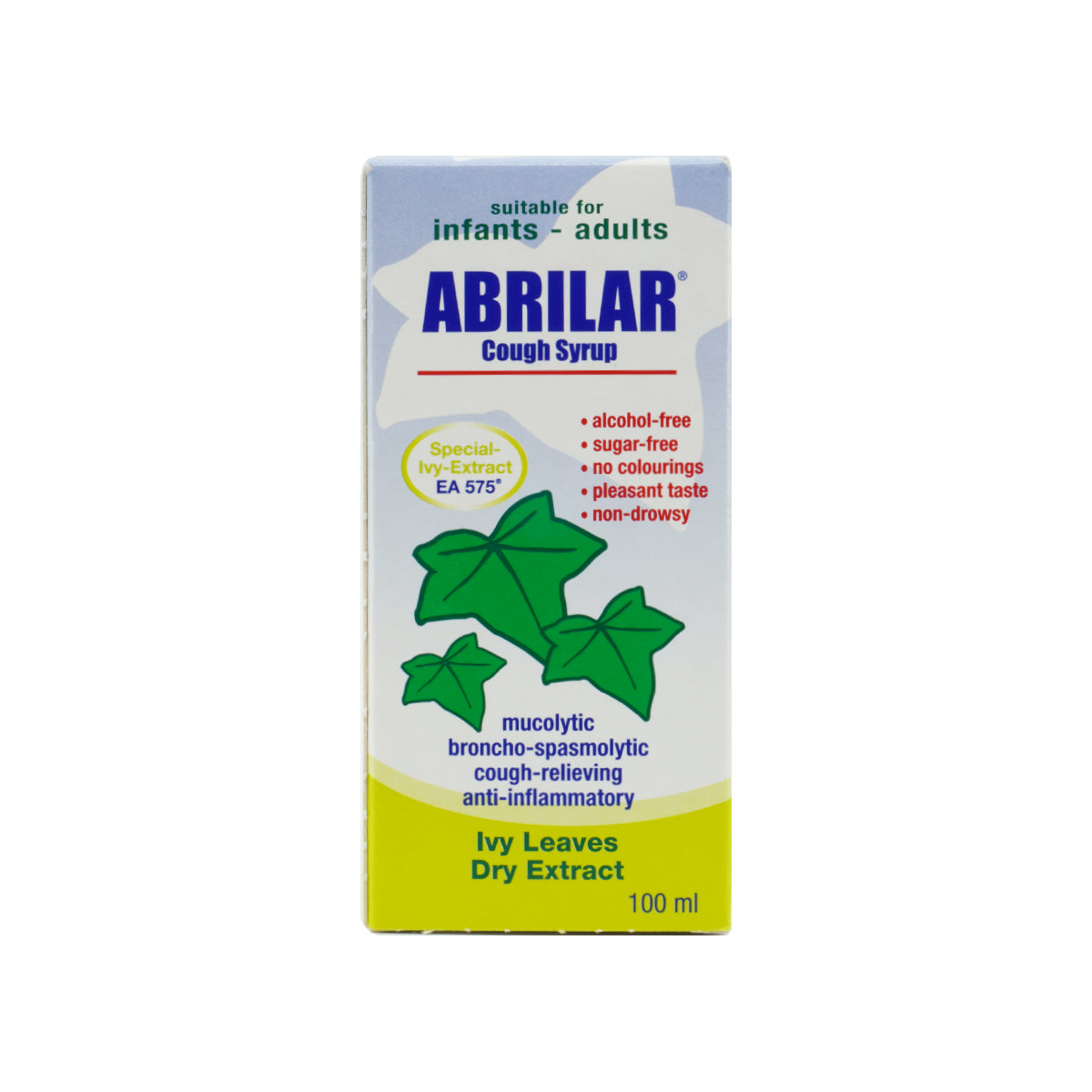 Packaging of Abrilar Cough Syrup 100ml, with Ivy Leaf extract, indicating suitability for infants, adults, and dry extract.