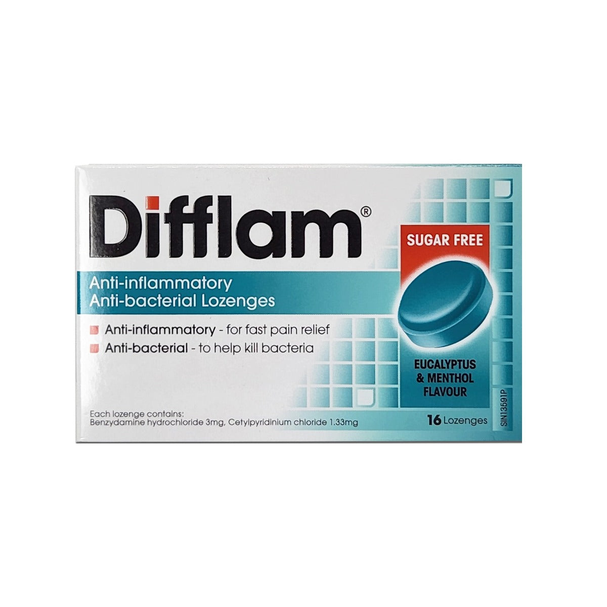 Difflam Anti Bacterial Lozenges - Eucalyptus & Menthol Flavour 16's