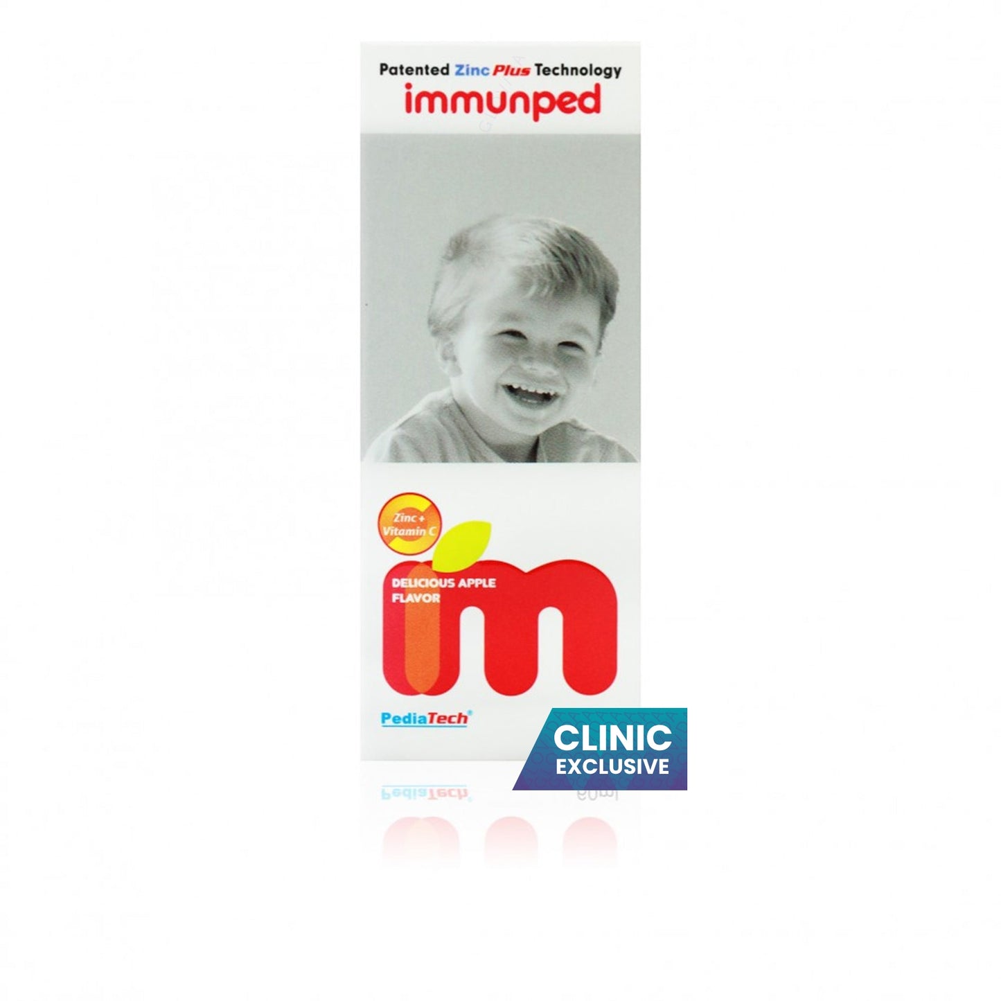 Packaging of Immunped 60ml syrup with a picture of a smiling child, indicating the product is for kids. The packaging highlights the patented ZincPlus and TasteRite technologies and the apple flavor.