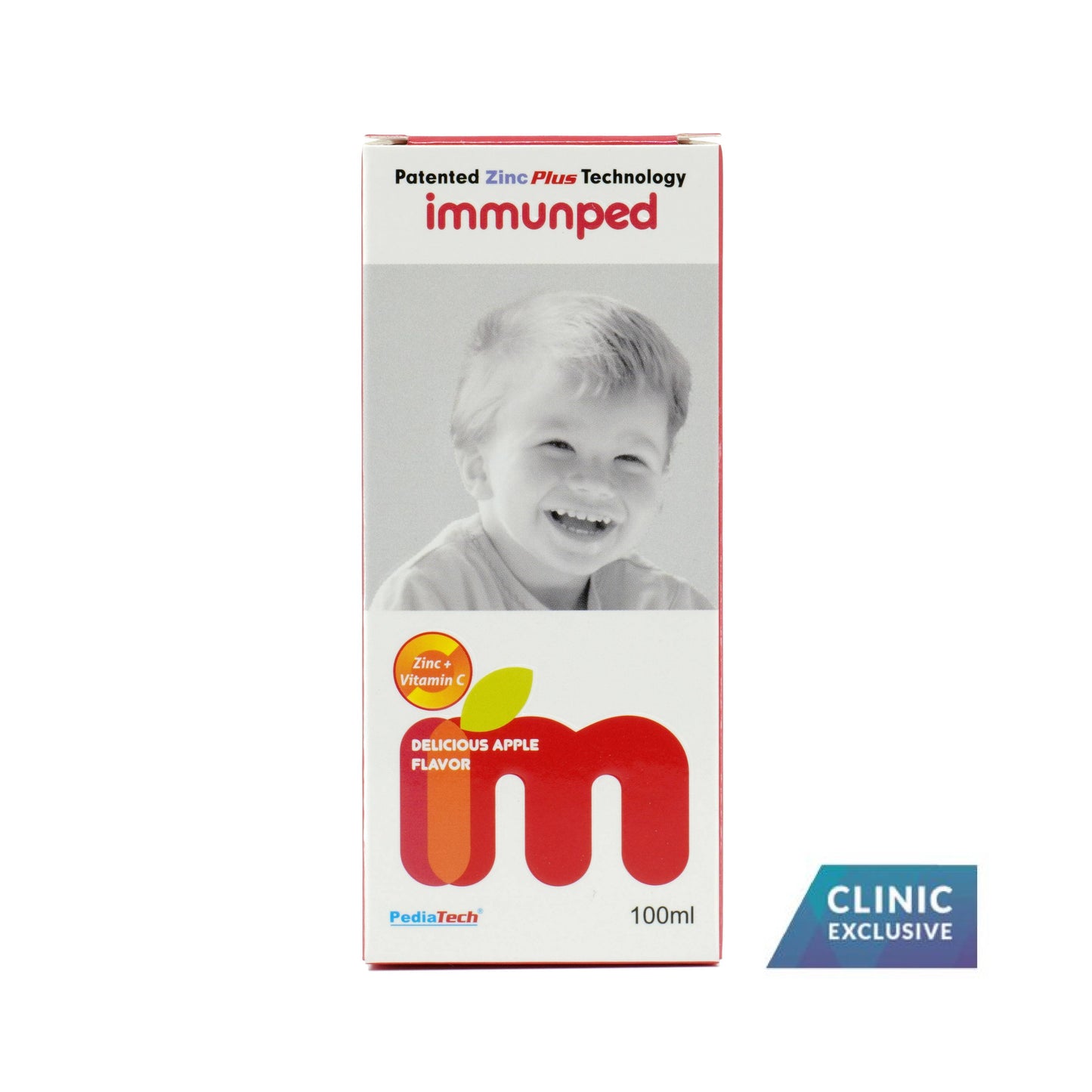 Packaging of Immunped Syrup 100ml with a child's picture, indicating it is for kids, with a taste of apple and patented Zinc plus Vitamin C.