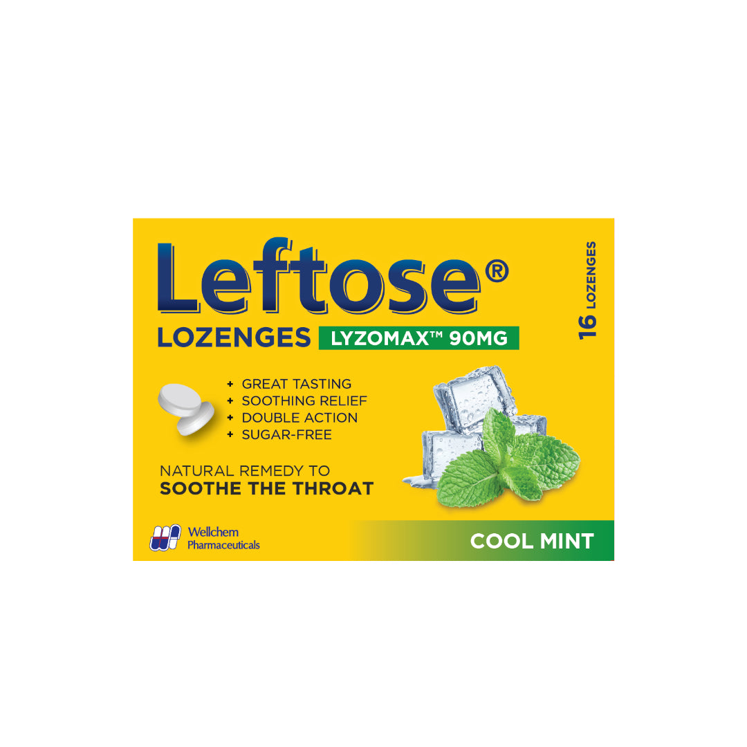 Packaging of Leftose Lozenges with LyzoMAX 90mg in Cool Mint flavor, highlighting the product's natural benefits and soothing the throat.