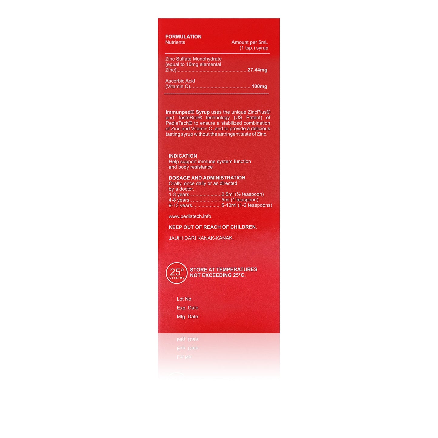 Immunped 60ml Side of the packaging with Ingredients and Dosage