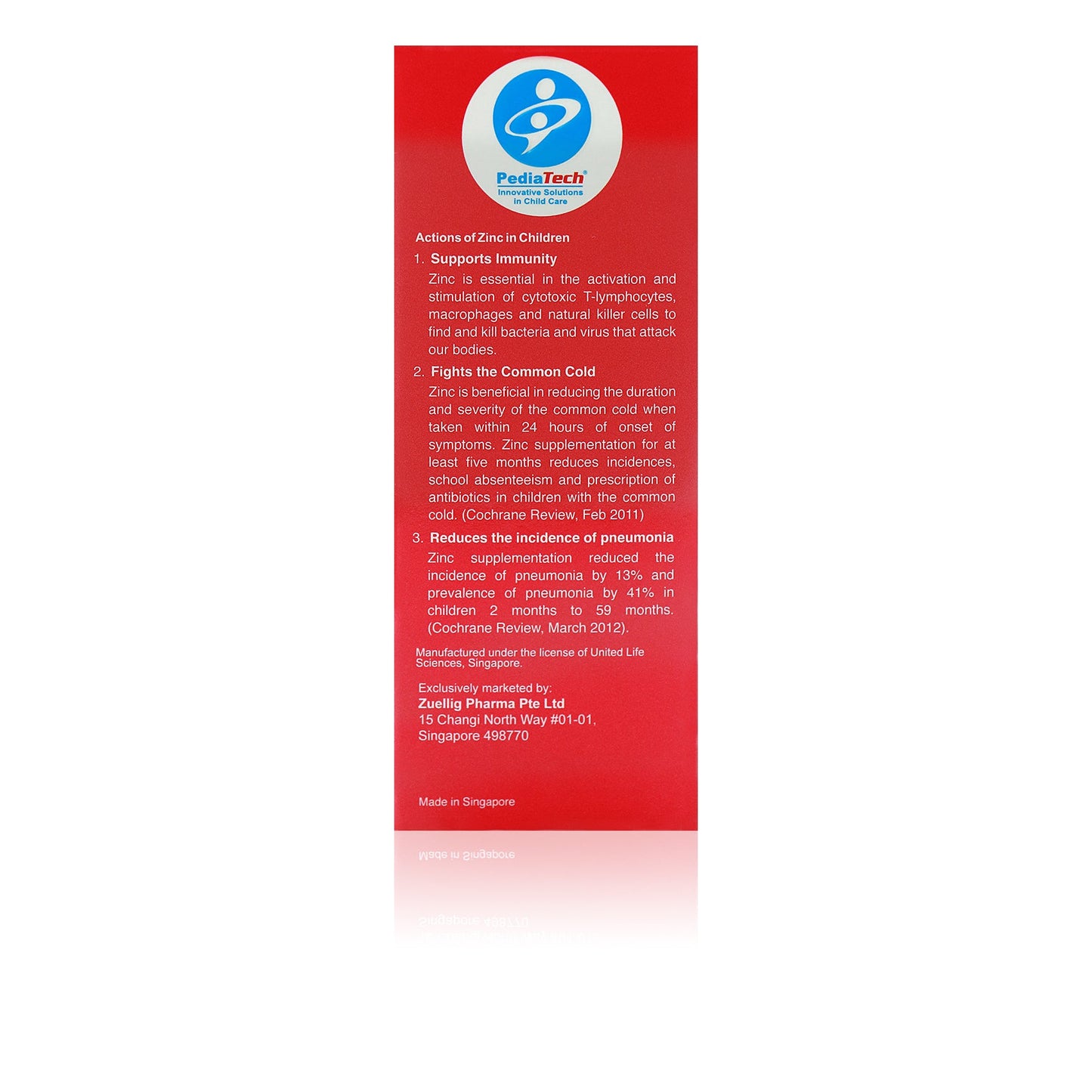 Immunped 60ml Side of the packaging with information about zinc