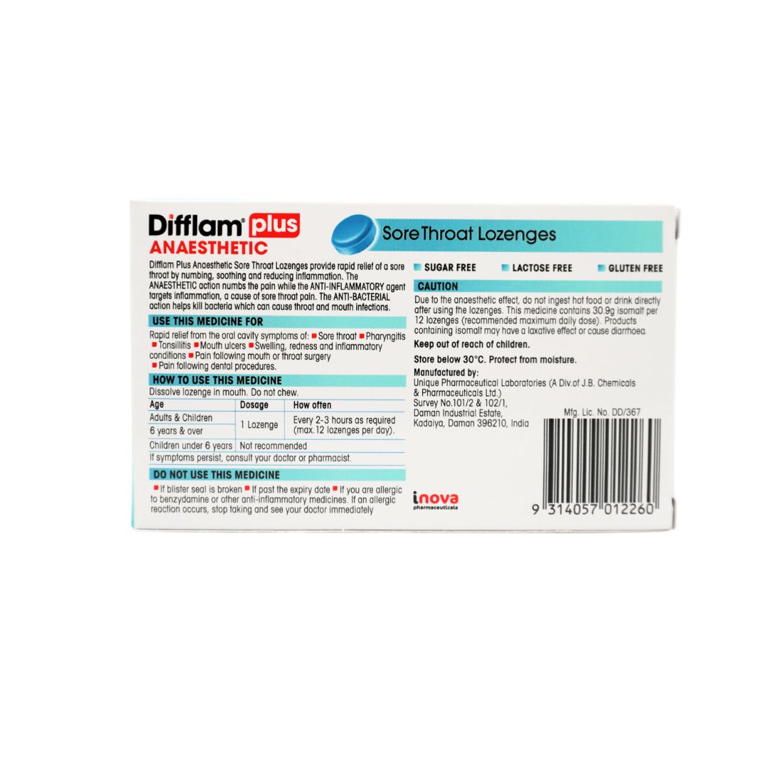 Difflam Plus Anaesthetic Eucalyptus/Menthol Sore Throat Lozenges 16's