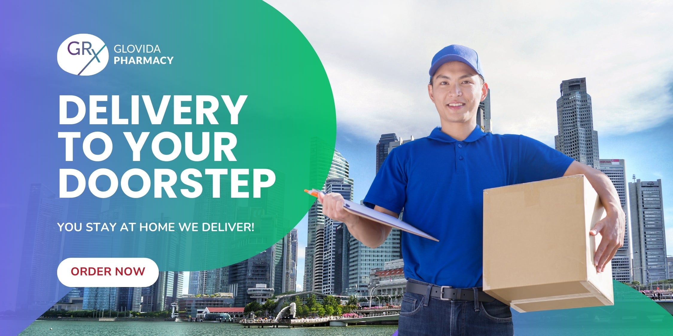 Glovida Pharmacy delivery service banner with a delivery person holding a package against a cityscape background.