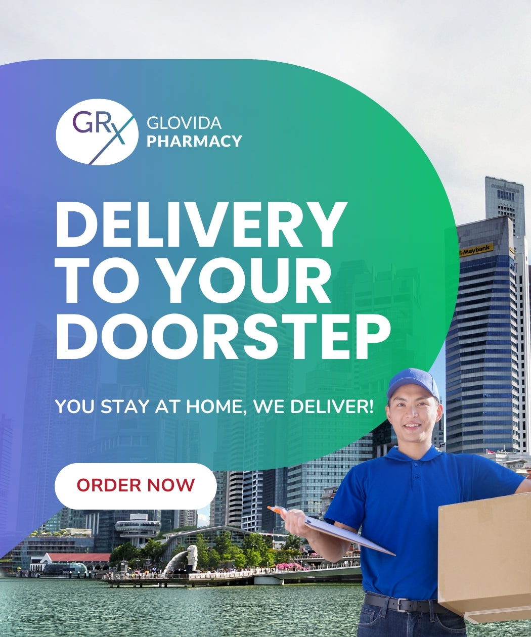 Glovida Pharmacy delivery service banner with a delivery person holding a package against a cityscape background.