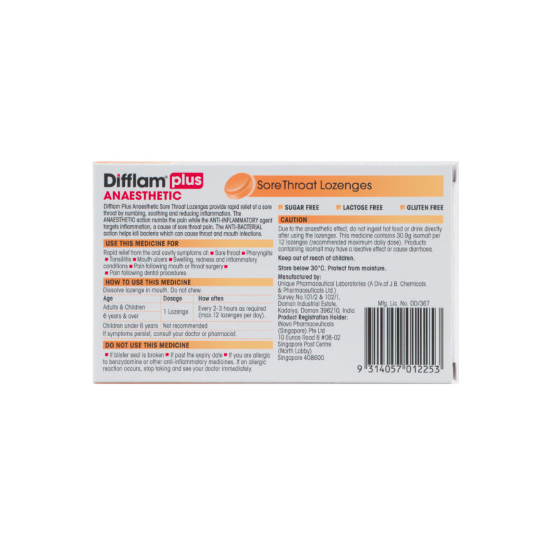 Difflam Plus Anaesthetic Honey Lemon Sore Throat Lozenges 16's