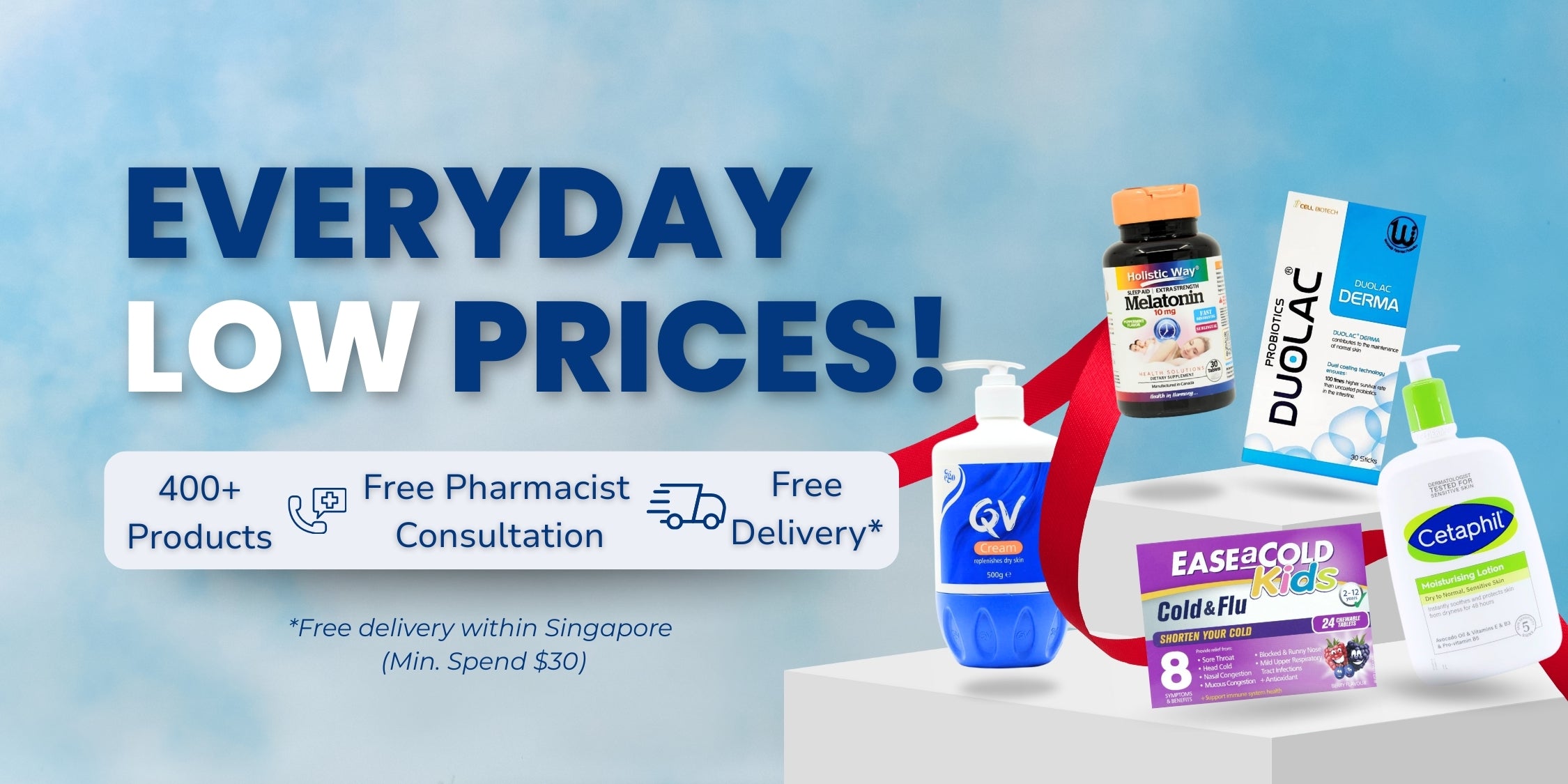 Promotional banner for everyday low prices with various health products on a blue gradient background.
