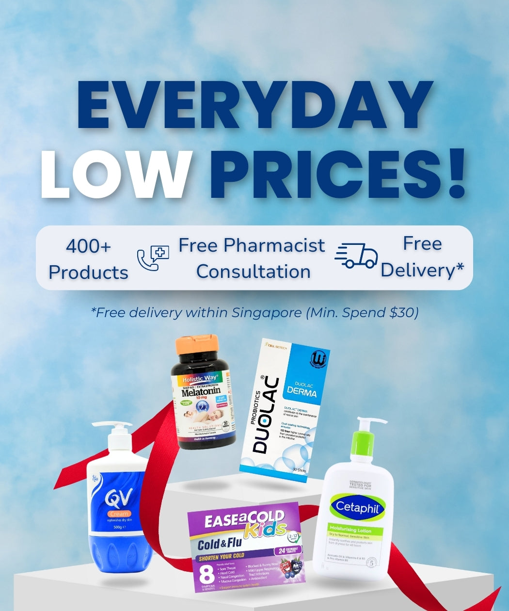 Promotional banner for everyday low prices with various health products on a blue gradient background.