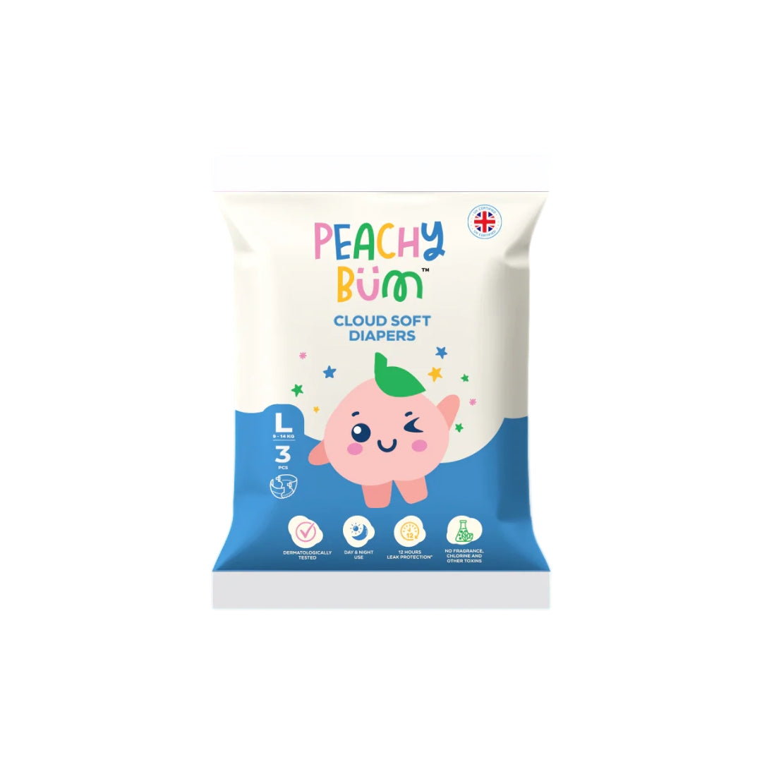 Peachy Bum Cloud Soft Diapers | Tape, L Size, 9 - 14kg | 3's (Free Gift)