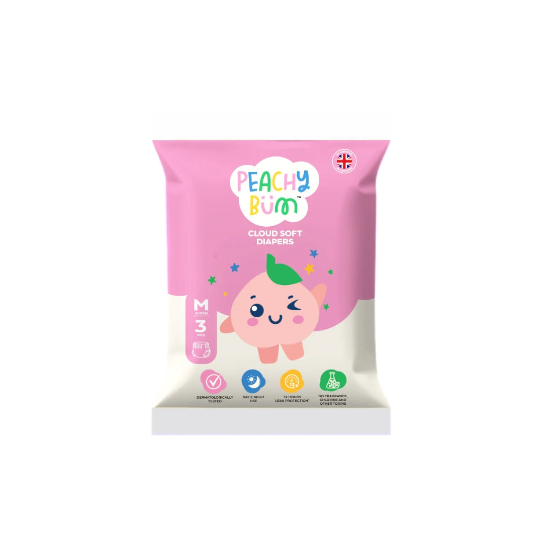 Peachy Bum Cloud Soft Diapers | Pants, M Size, 6 - 11kg | 3's (Free Gift)