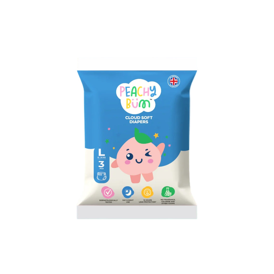 Peachy Bum Cloud Soft Diapers | Pants, L Size, 9 - 14kg | 3's (Free Gift)