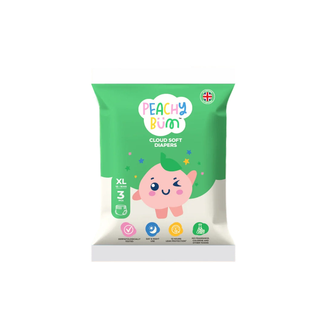 Peachy Bum Cloud Soft Diapers | Pants, XL Size, 12 - 18kg | 3's (Free Gift)