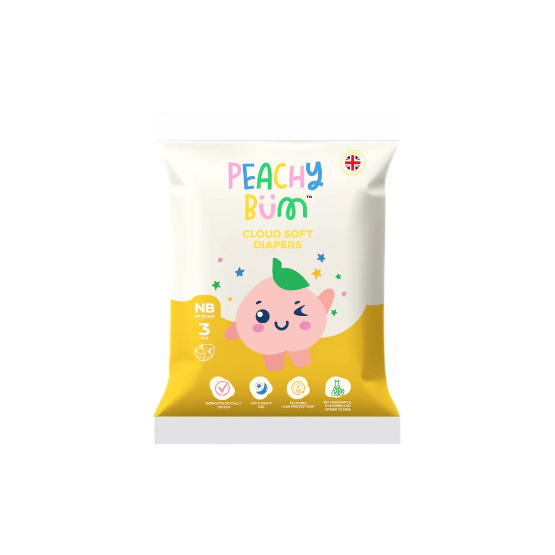 Peachy Bum Cloud Soft Diapers | Tape, NB Size, Up to 5kg | 3's (Free Gift)