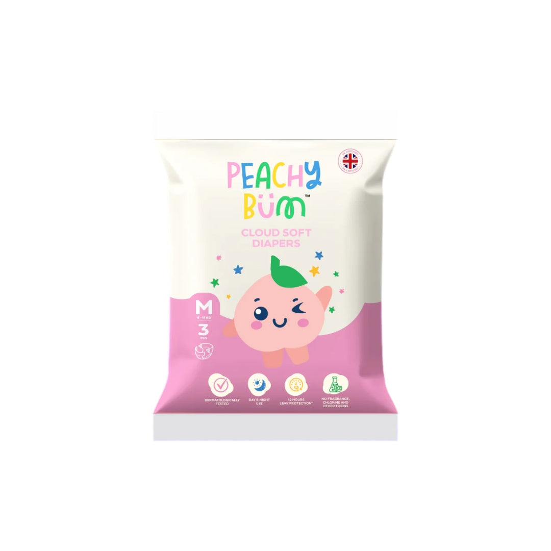 Peachy Bum Cloud Soft Diapers | Tape, M Size, 6 - 11kg | 3's (Free Gift)