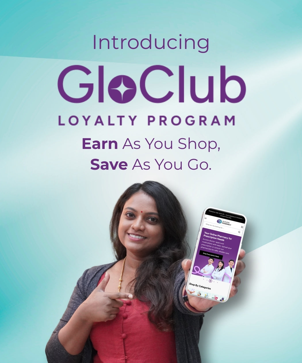 Woman holding a smartphone with Glovida on a blue gradient background