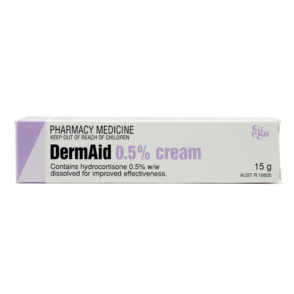 Packaging box of Dermaid 0.5% Cream, 15g size, with active ingredient hydrocortisone