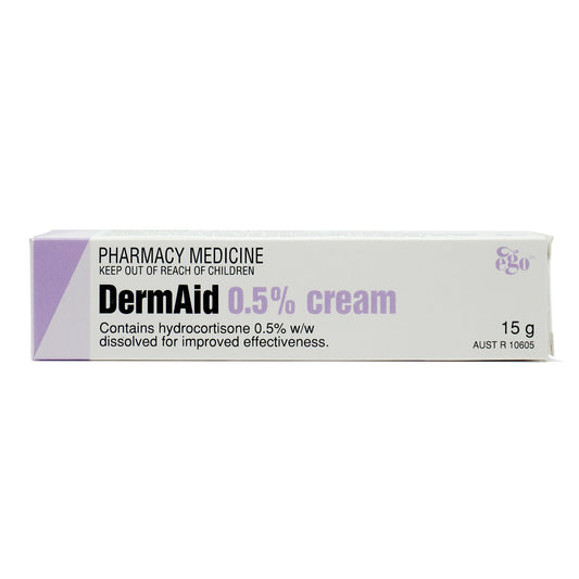 Packaging box of Dermaid 0.5% Cream, 15g size, with active ingredient hydrocortisone