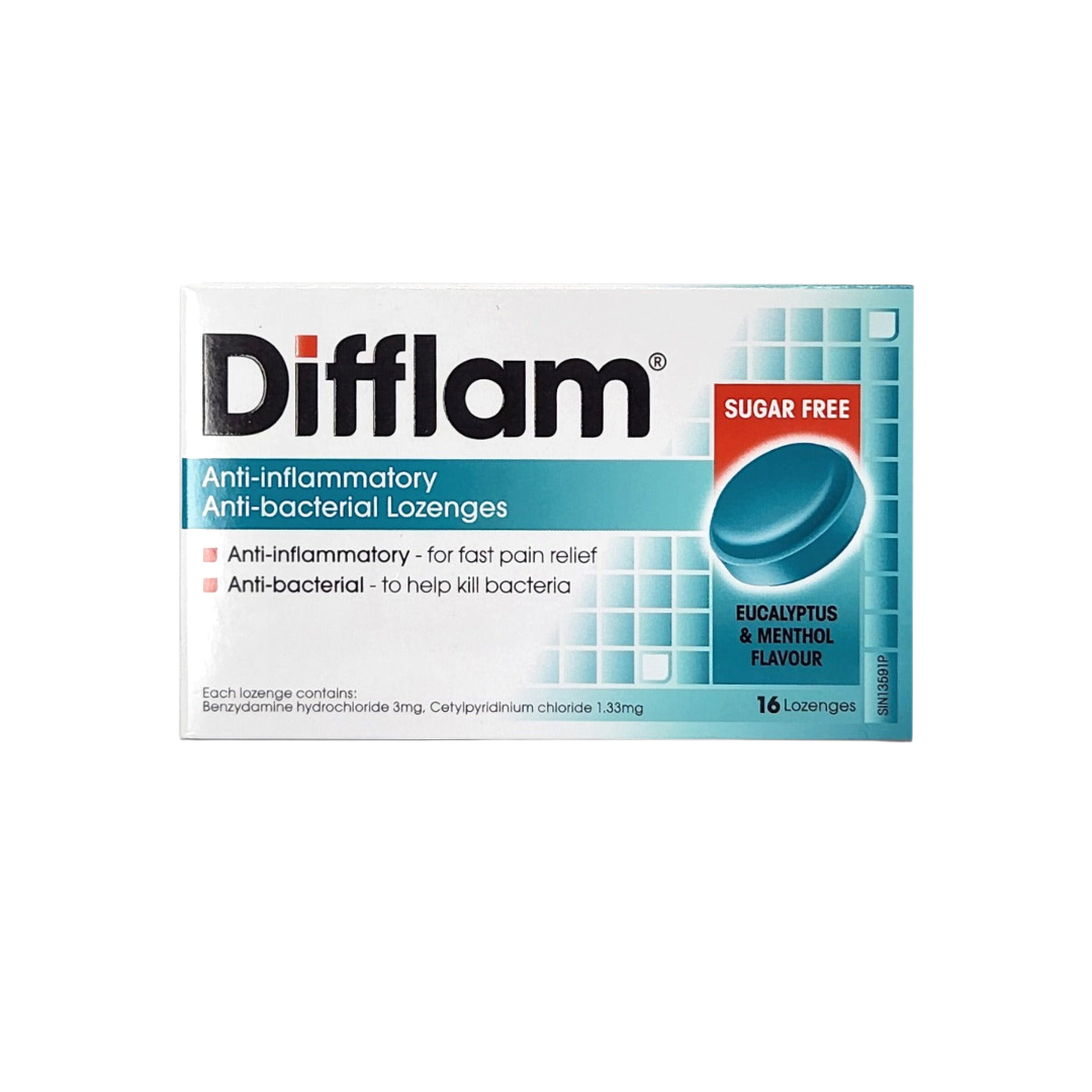 Difflam (Benzydamine) Anti Bacterial 3mg Lozenges - Eucalyptus & Menthol Flavour 16's