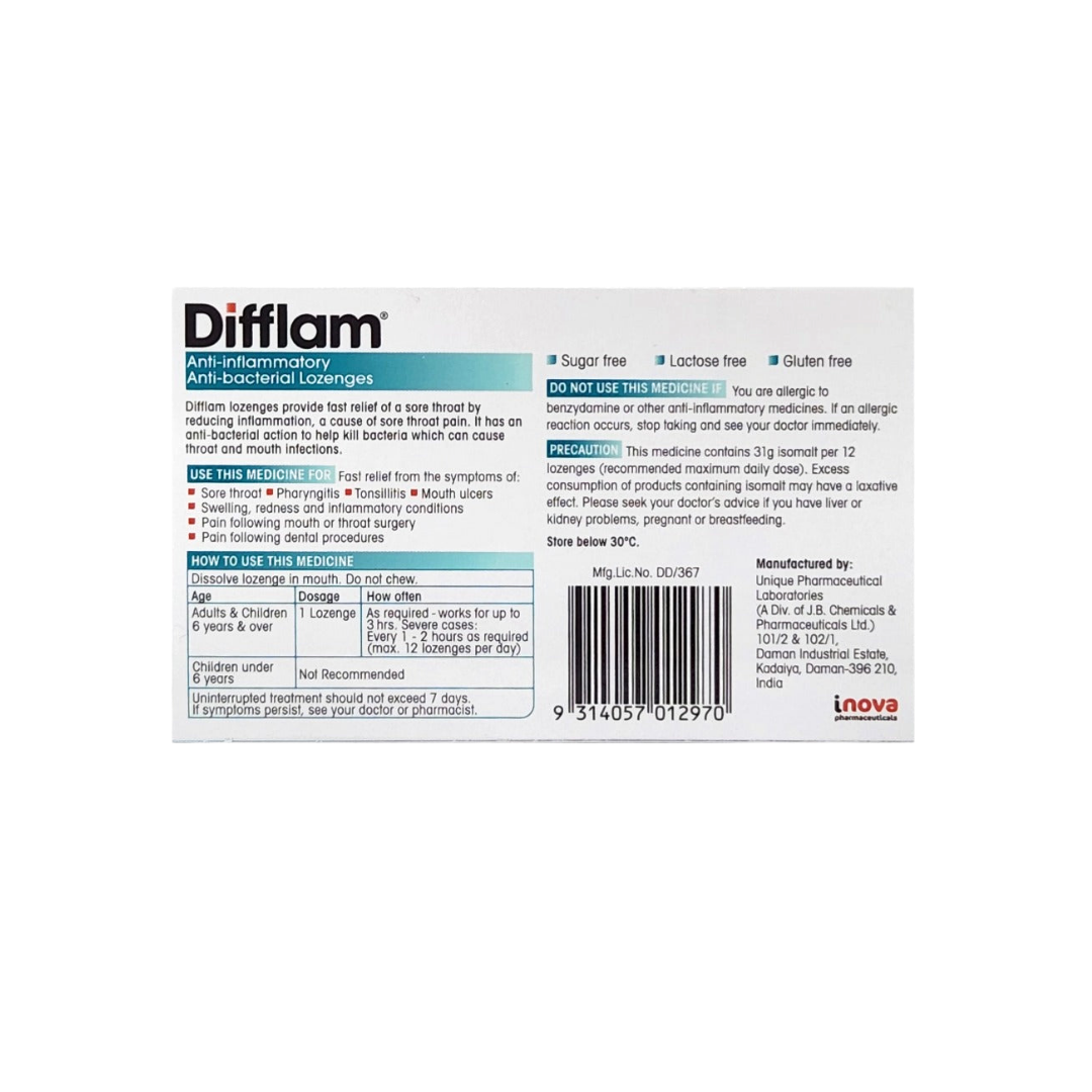 Difflam (Benzydamine) Anti Bacterial 3mg Lozenges - Eucalyptus & Menthol Flavour 16's