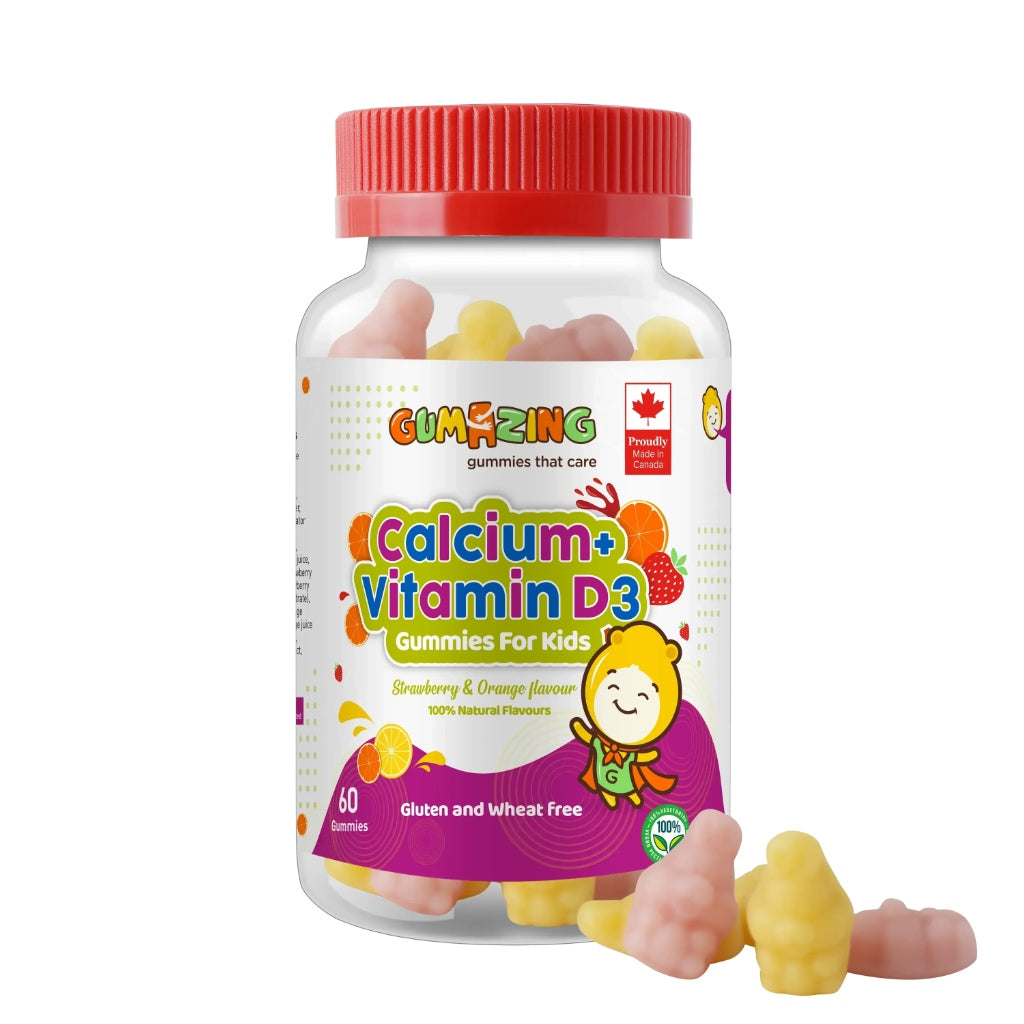 Bottle of Gumazing Calcium + Vitamin D3 gummies for kids with a red lid on a white background