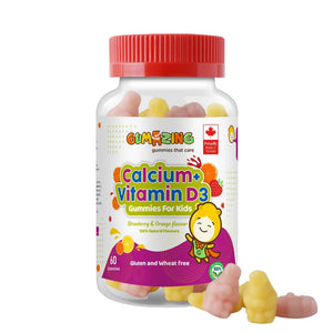 Bottle of Gumazing Calcium + Vitamin D3 gummies for kids with a red lid on a white background
