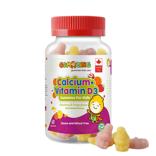 Bottle of Gumazing Calcium + Vitamin D3 gummies for kids with a red lid on a white background
