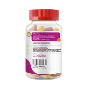 Bottle of Gumazing Calcium + Vitamin D3 gummies for kids with a red lid on a white background