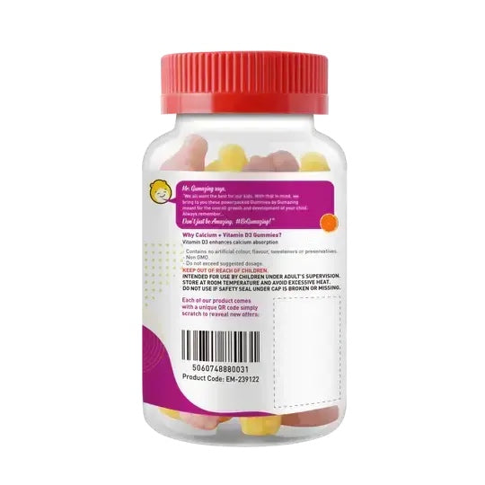 Bottle of Gumazing Calcium + Vitamin D3 gummies for kids with a red lid on a white background
