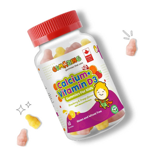 Bottle of Gumazing Calcium + Vitamin D3 gummies for kids with a red lid on a white background