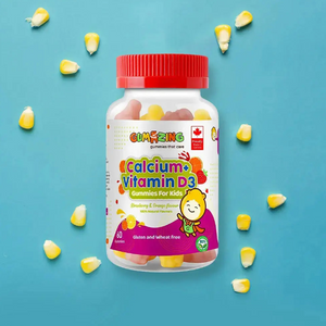 Bottle of Gumazing Calcium + Vitamin D3 gummies for kids with a red lid on a blue background