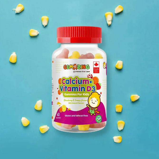 Bottle of Gumazing Calcium + Vitamin D3 gummies for kids with a red lid on a blue background