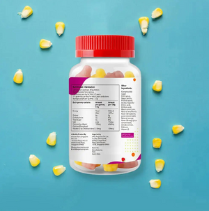 Bottle of Gumazing Calcium + Vitamin D3 gummies for kids with a red lid on a blue background
