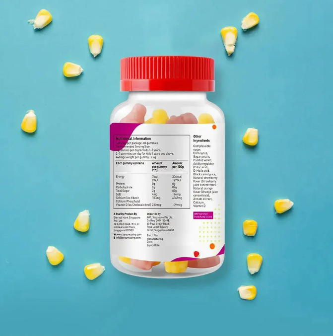 Bottle of Gumazing Calcium + Vitamin D3 gummies for kids with a red lid on a blue background