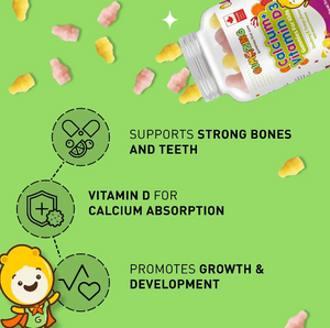 Children's calcium and vitamin D supplement with text on a green background