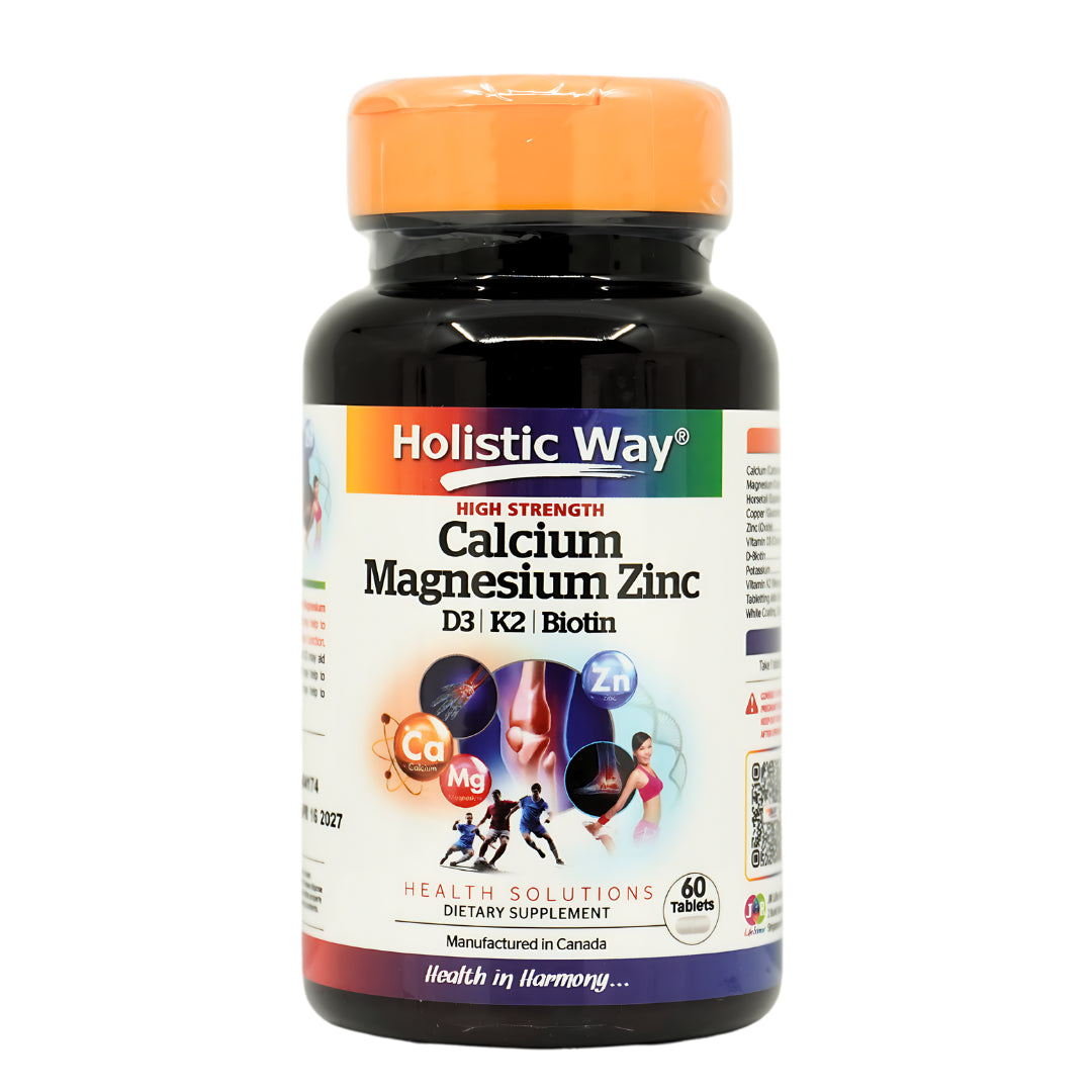 A bottle of Holistic Way Calcium Magnesium Zinc Tablets, labeled as 'Health Solutions' with a multicolored graphic on the label indicating the product's use for bone health.