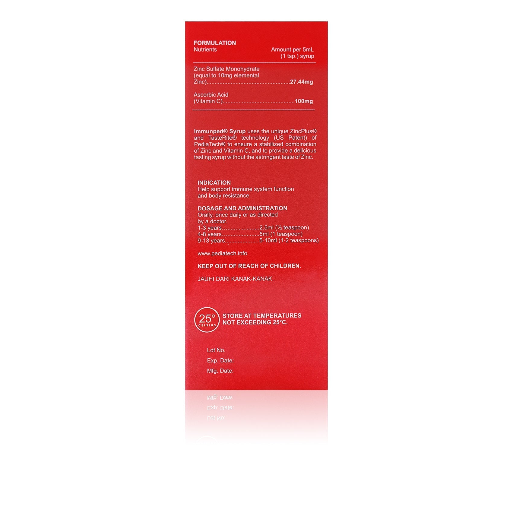 Immunped 60ml Side of the packaging with Ingredients and Dosage