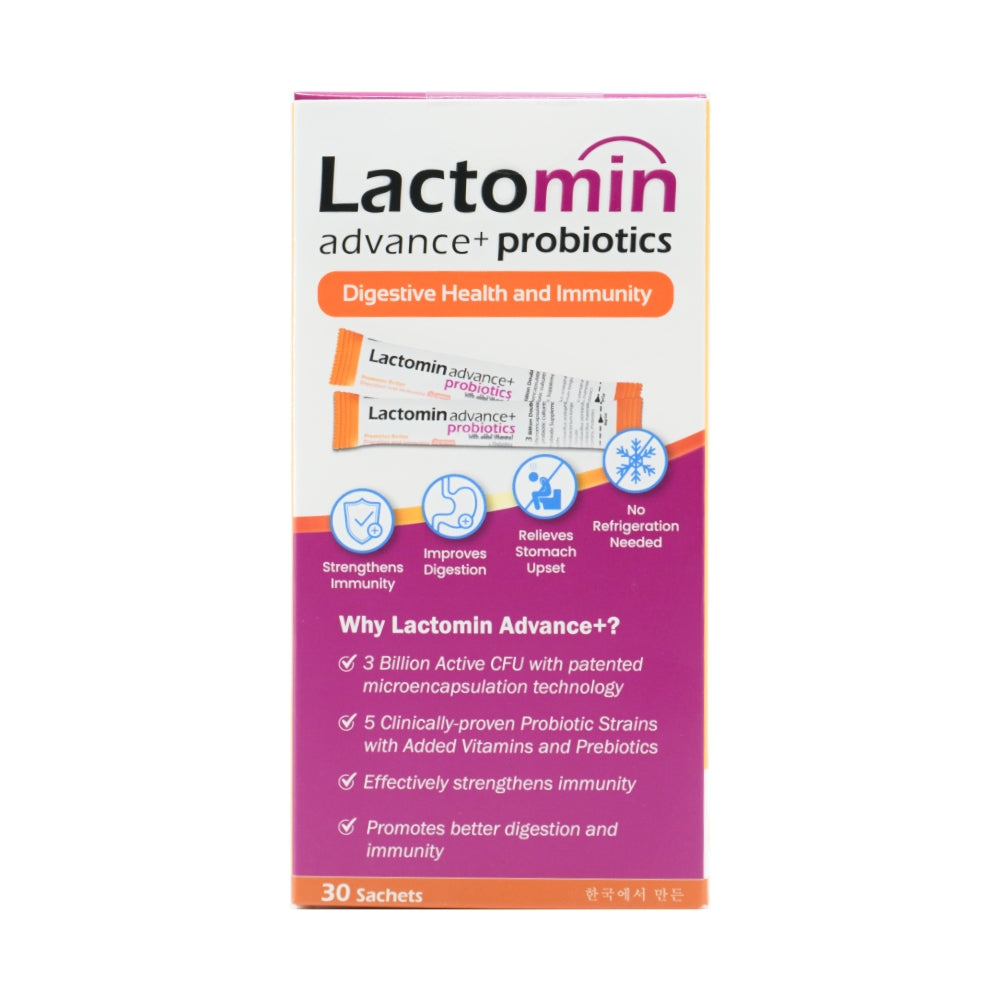 Packaging of Lactomin Advance+ Probiotics, showing the product name, benefits like digestive health and immunity, and a graphic representation of the product's features.
