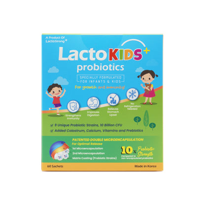 Packaging of LactoKids+ Probiotics with illustrations of children and probiotic bacteria, product information, and branding elements.