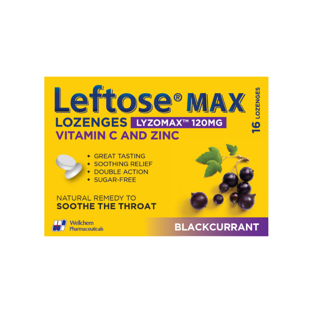 Leftose Max 润喉糖黑加仑味 16 片装（溶菌酶盐酸盐）