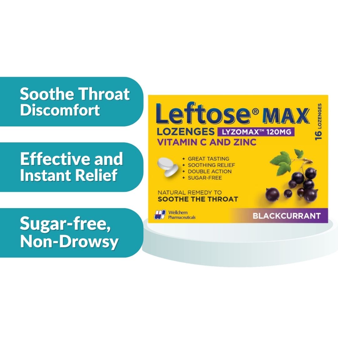 Leftose Max 润喉糖黑加仑味 16 片装（溶菌酶盐酸盐）