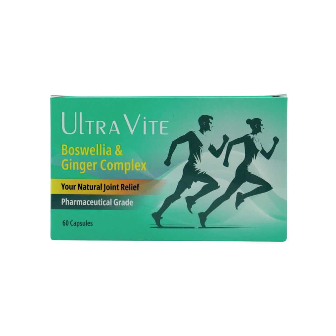 Box of Ultra Vite Boswellia & Ginger Complex with running people illustration on a white background