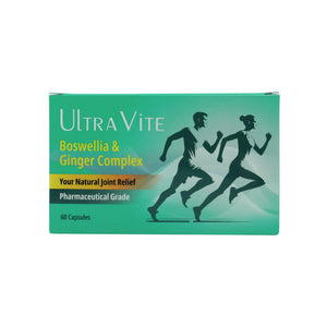 Box of Ultra Vite Boswellia & Ginger Complex with running people illustration on a white background