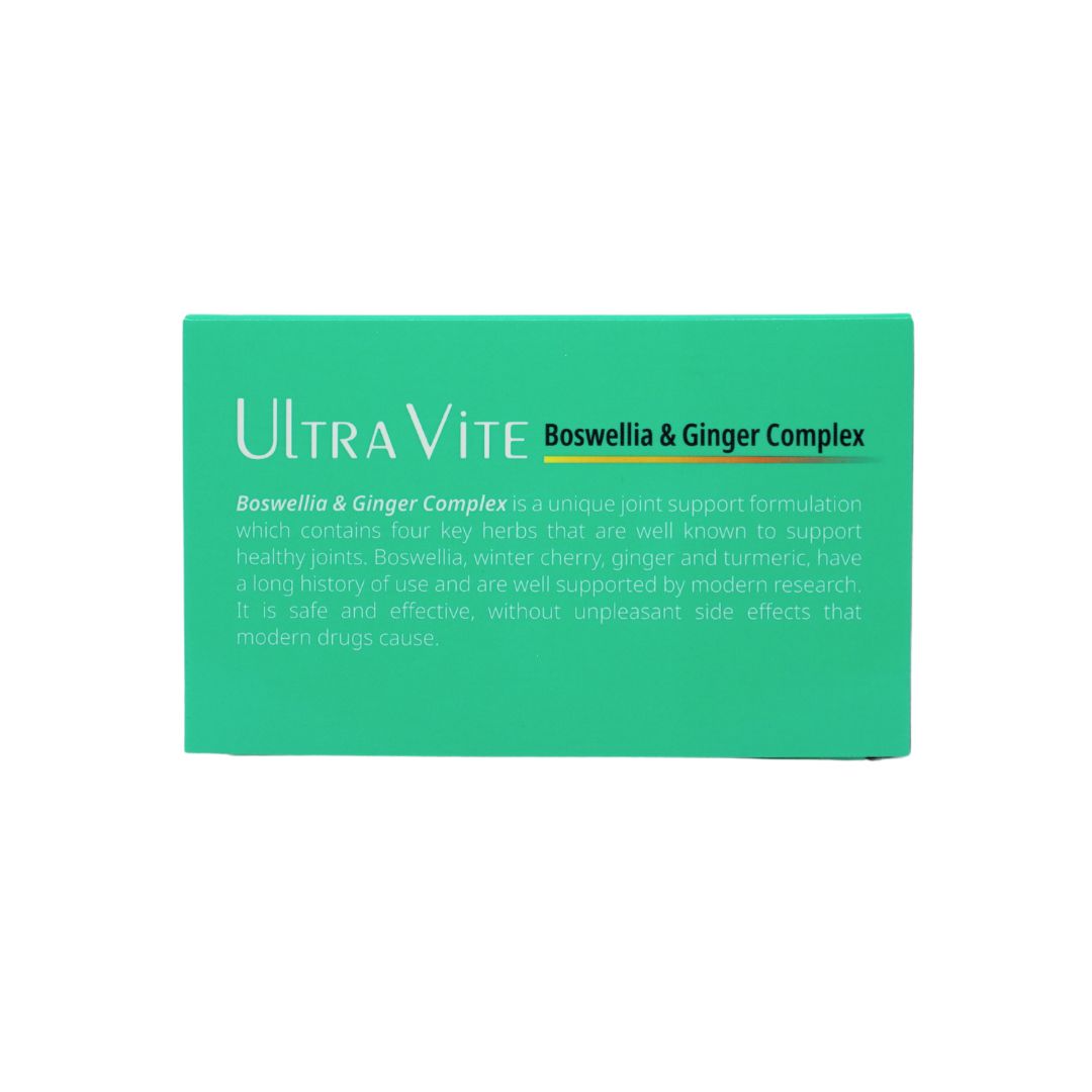 Green label for Ultra Vite Boswellia & Ginger Complex on a white background