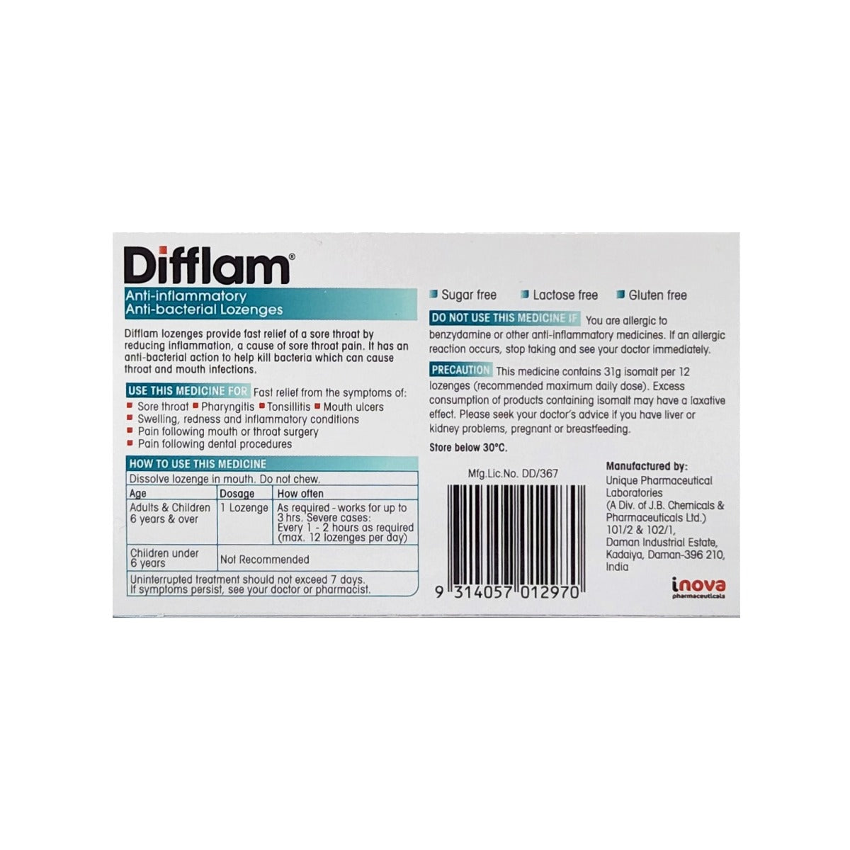 Difflam Anti Bacterial Lozenges - Eucalyptus & Menthol Flavour 16's