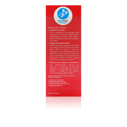 Immunped 60ml Side of the packaging with information about zinc
